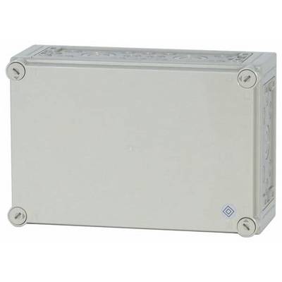 Une boîte de jonction rectangulaire grise avec des coins arrondis et des vis à chaque angle. Le boîtier semble être en plastique.