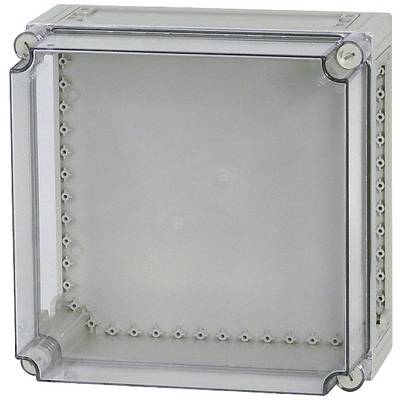 Boîte rectangulaire en plastique transparent avec des vis aux angles, probablement destinée aux installations électriques.