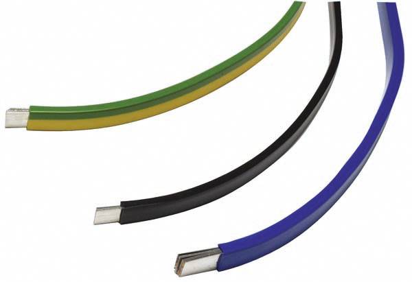 Trois câbles de cuivre isolés de différentes couleurs : vert-jaune, noir et bleu. Ils symbolisent des lignes électriques.