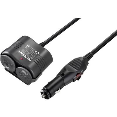 Adaptateur électrique pour voiture avec deux prises et long câble, adapté pour brancher des appareils dans le véhicule.