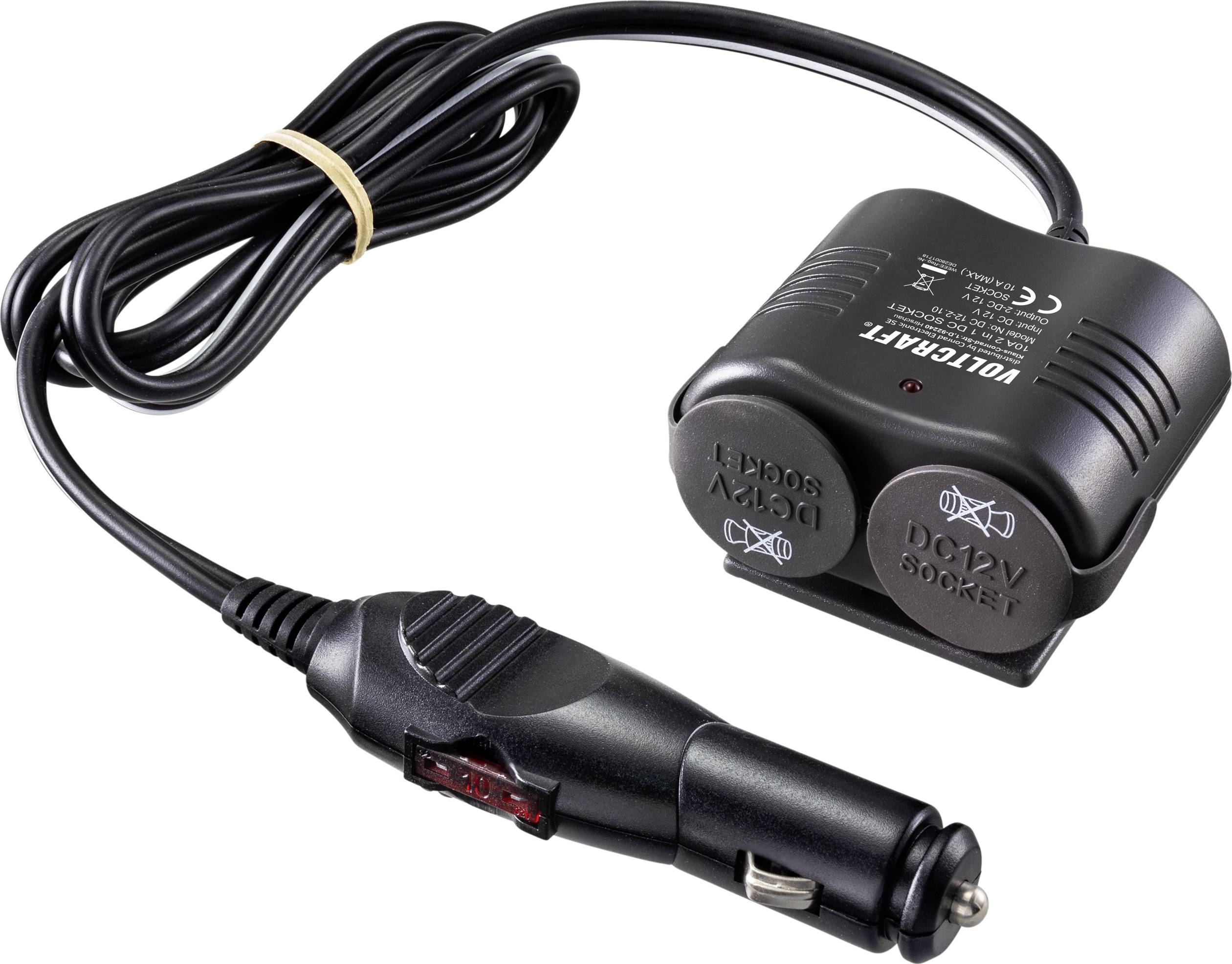 Chargeur de voiture noir et rouge avec câble et fiche, adapté aux prises allume-cigare 12 V et 24 V.