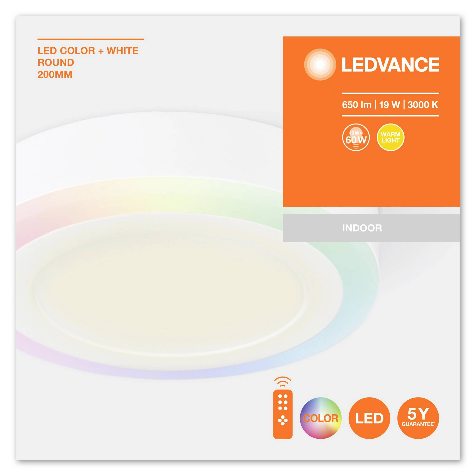 Plafonnier LED rond, diamètre de 200 mm, 650 lumens, 19 watts, 3000 K, télécommande incluse, garantie de 5 ans.