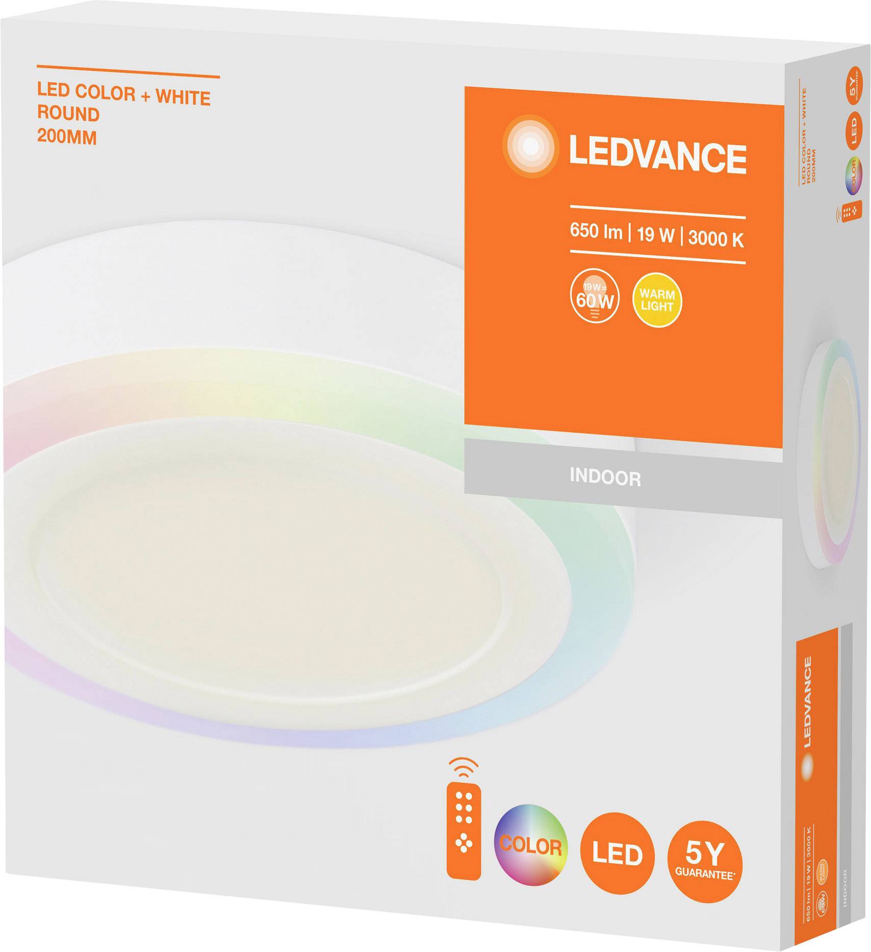 Plafonnier LED rond de Ledvance, 650 lumens, 19 watts, 3000 Kelvin, lumière blanc chaud, avec télécommande et 5 ans de garantie.
