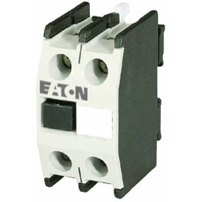 Un bloc de contacts électrique Eaton avec boîtier en plastique noir, adapté pour étendre les fonctions d'un interrupteur principal.