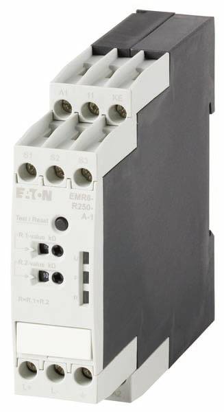Composant électronique industriel avec plusieurs connexions, incluant des boutons de test et de réinitialisation. Marquage 'EATON EMR6'.