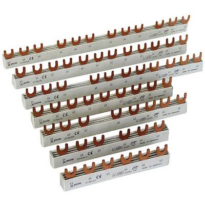 Barres de cuivre avec contacts à double fourche, adaptées pour les connexions électriques dans les armoires de distribution. Différentes longueurs et espacements visibles.