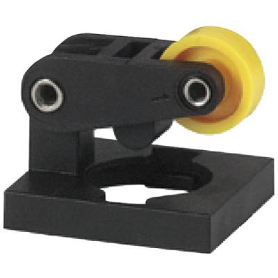 Une pièce mécanique noire avec une roue jaune, montée sur une base carrée. Elle semble faire partie d'un système mécanique.