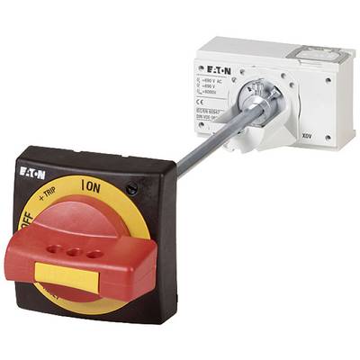 Un interrupteur électrique rouge et jaune en position 'ION', marqué 'OFF', '+ Trip', et 'ON', monté sur un boîtier blanc.