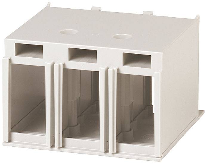Structure de boîtier d'adaptateur de rail de support blanc à trois voies, avec trois compartiments, adaptée au montage de composants électriques.