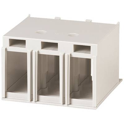 Structure de boîtier d'adaptateur de rail de support blanc à trois voies, avec trois compartiments, adaptée au montage de composants électriques.