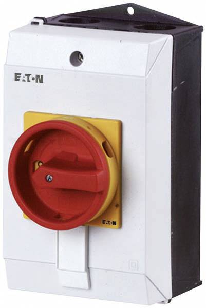 Un commutateur rotatif rouge sur un boîtier rectangulaire, portant le logo 'EATON'. Il est utilisé pour commander des appareils électriques ou des machines.
