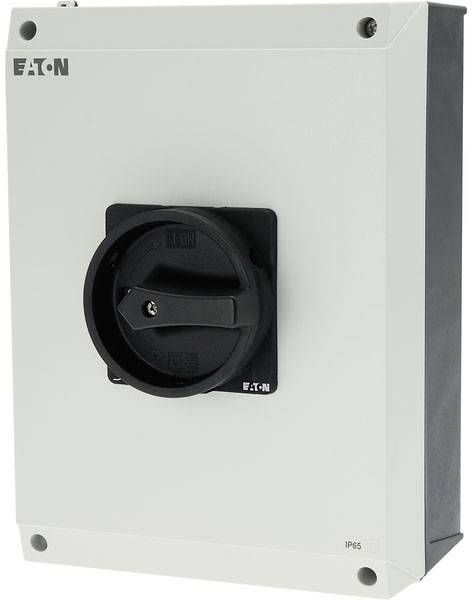 Une armoire électrique grise avec une commande à poignée tournante noire d'Eaton, adaptée à un circuit électrique sécurisé.