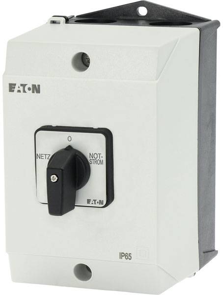 Une armoire électrique grise avec un commutateur rotatif noir au centre. Étiquettes : 'Réseau 1', 'Arrêt d'urgence', Indice de protection IP65.