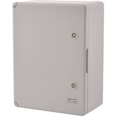 Un boîtier électrique gris avec deux points de verrouillage et une étiquette en bas indiquant le fabricant.