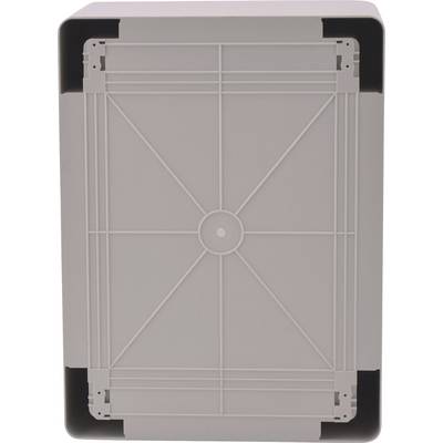 Caisse en plastique grise avec un bord renforcé et un motif circulaire central au fond.