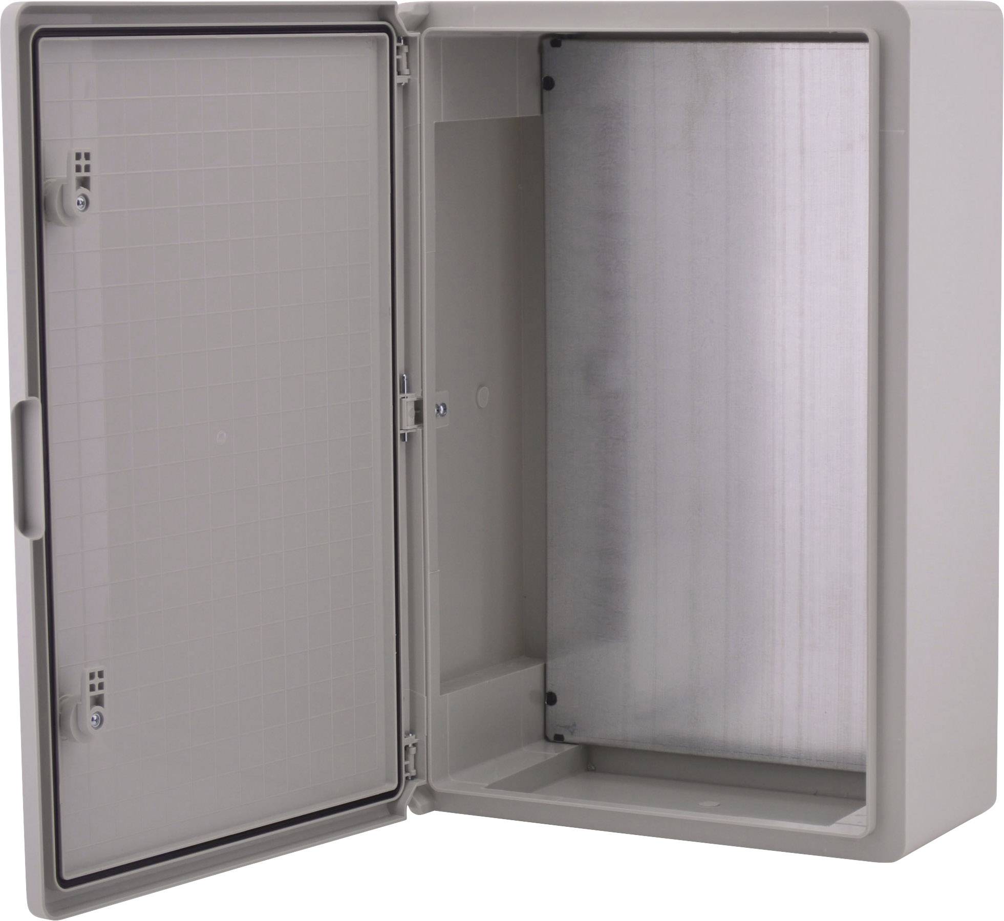 Boîte en plastique grise ouverte avec charnière, montrant un intérieur vide. Adaptée pour les installations électriques ou le rangement.