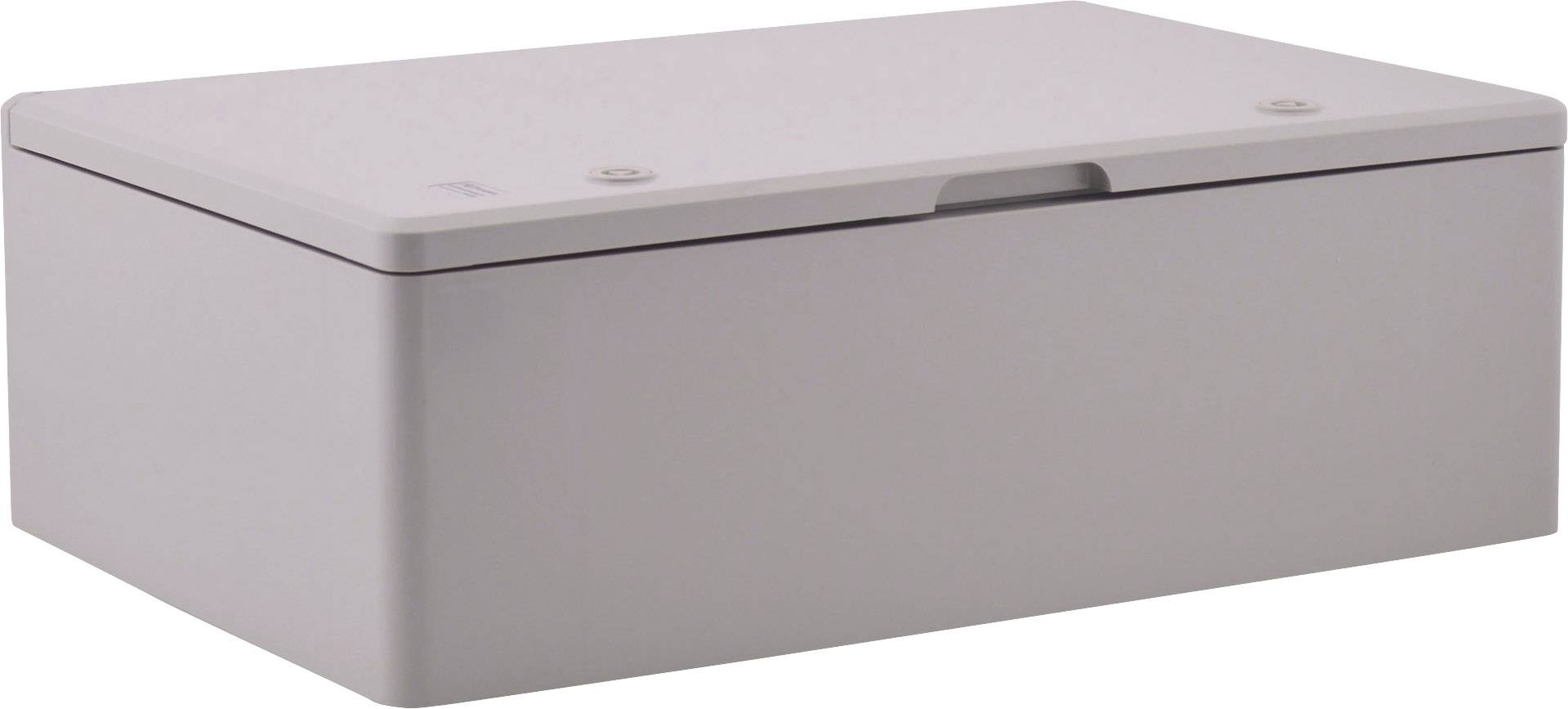 Boîte de rangement rectangulaire grise avec couvercle, adaptée aux fournitures de bureau ou aux petits outils.