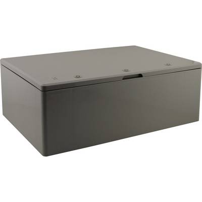 Boîte en plastique grise rectangulaire avec un couvercle et trois vis sur le dessus. Probablement un boîtier de rangement ou un boîtier technique.