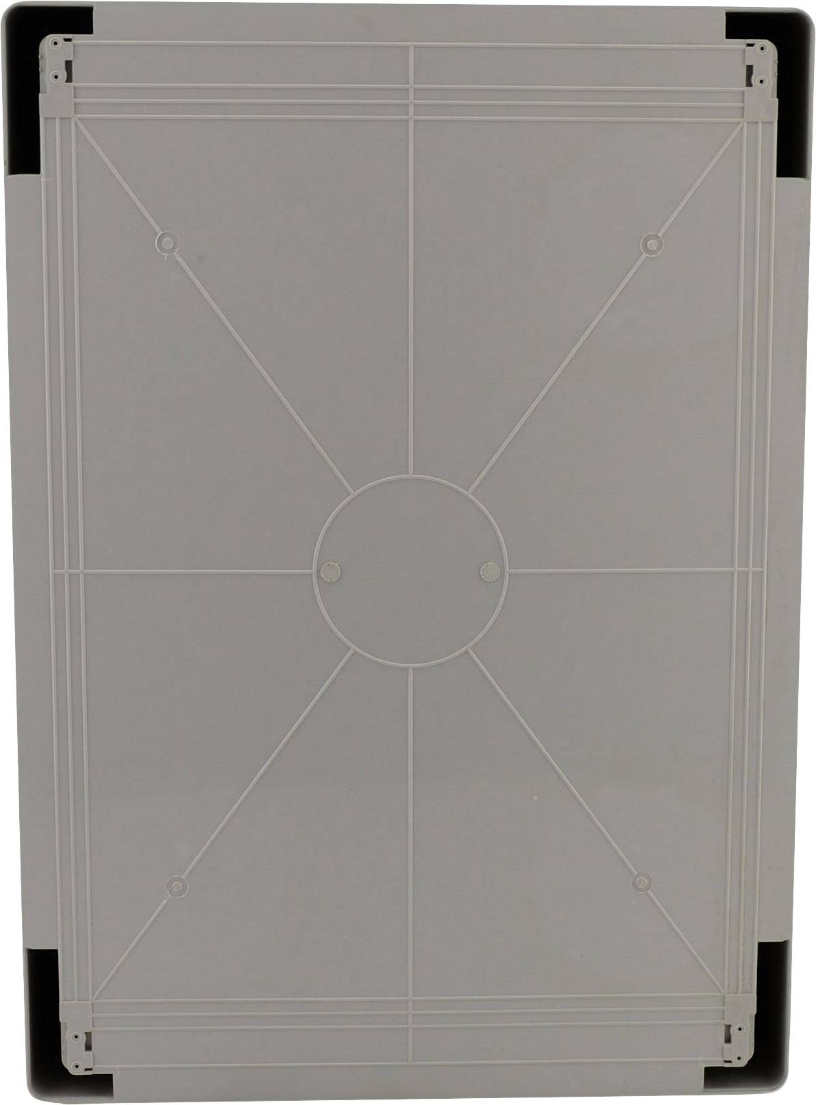 Surface rectangulaire grise en plastique avec des lignes symétriques et de petits cercles aux coins et au centre.