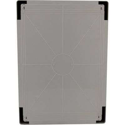 Surface rectangulaire grise en plastique avec des lignes symétriques et de petits cercles aux coins et au centre.