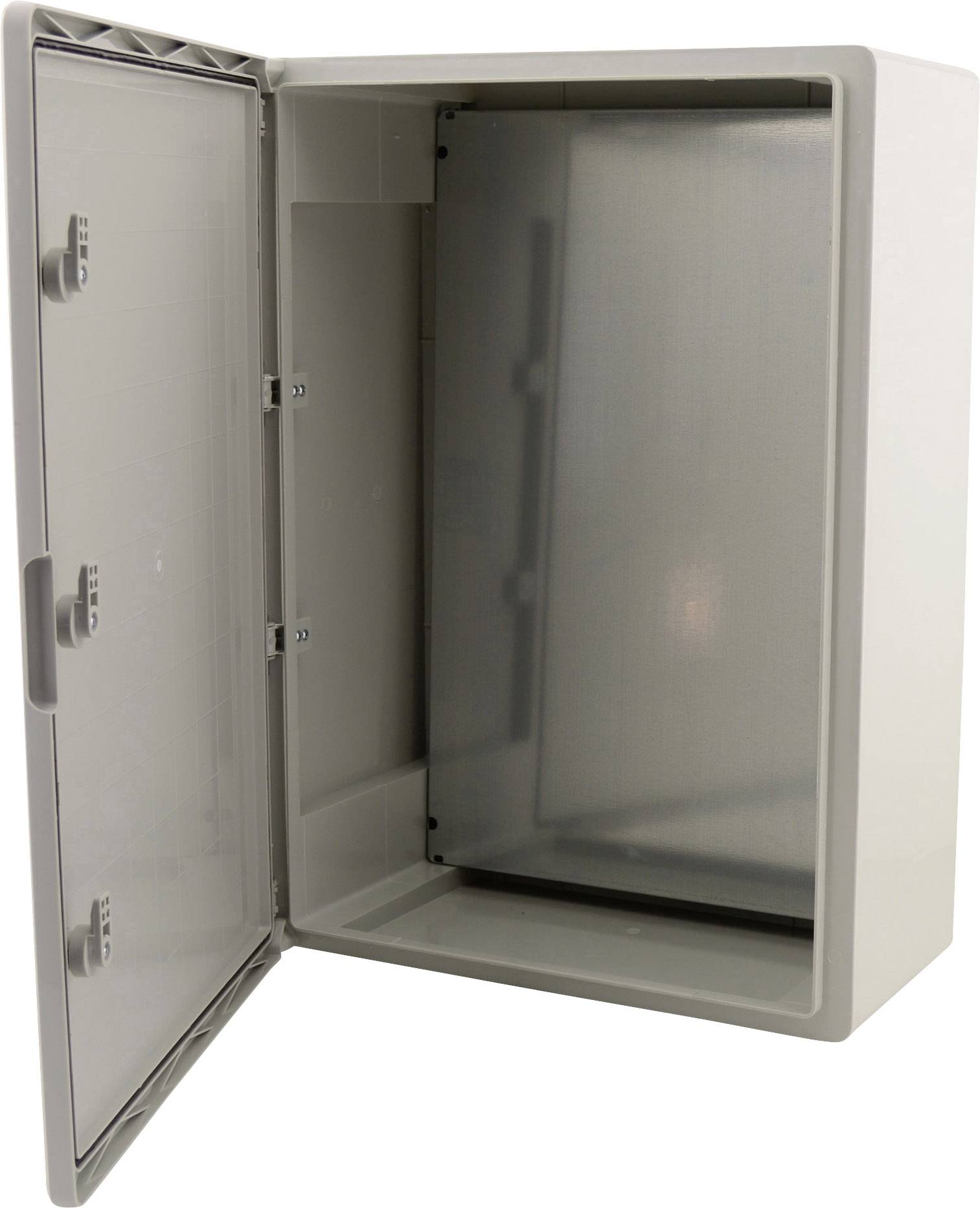 Boîtier en plastique gris avec charnière, ouvert, adapté aux installations électriques. Offre une protection contre la poussière et les éclaboussures.