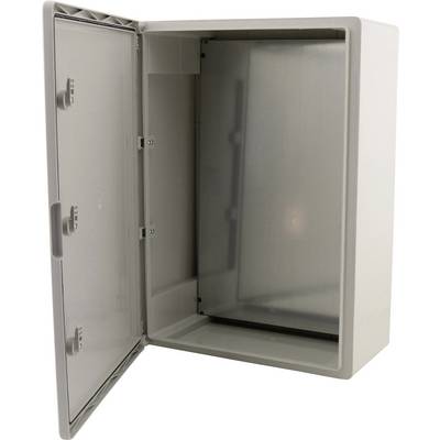 Boîtier en plastique gris avec charnière, ouvert, adapté aux installations électriques. Offre une protection contre la poussière et les éclaboussures.