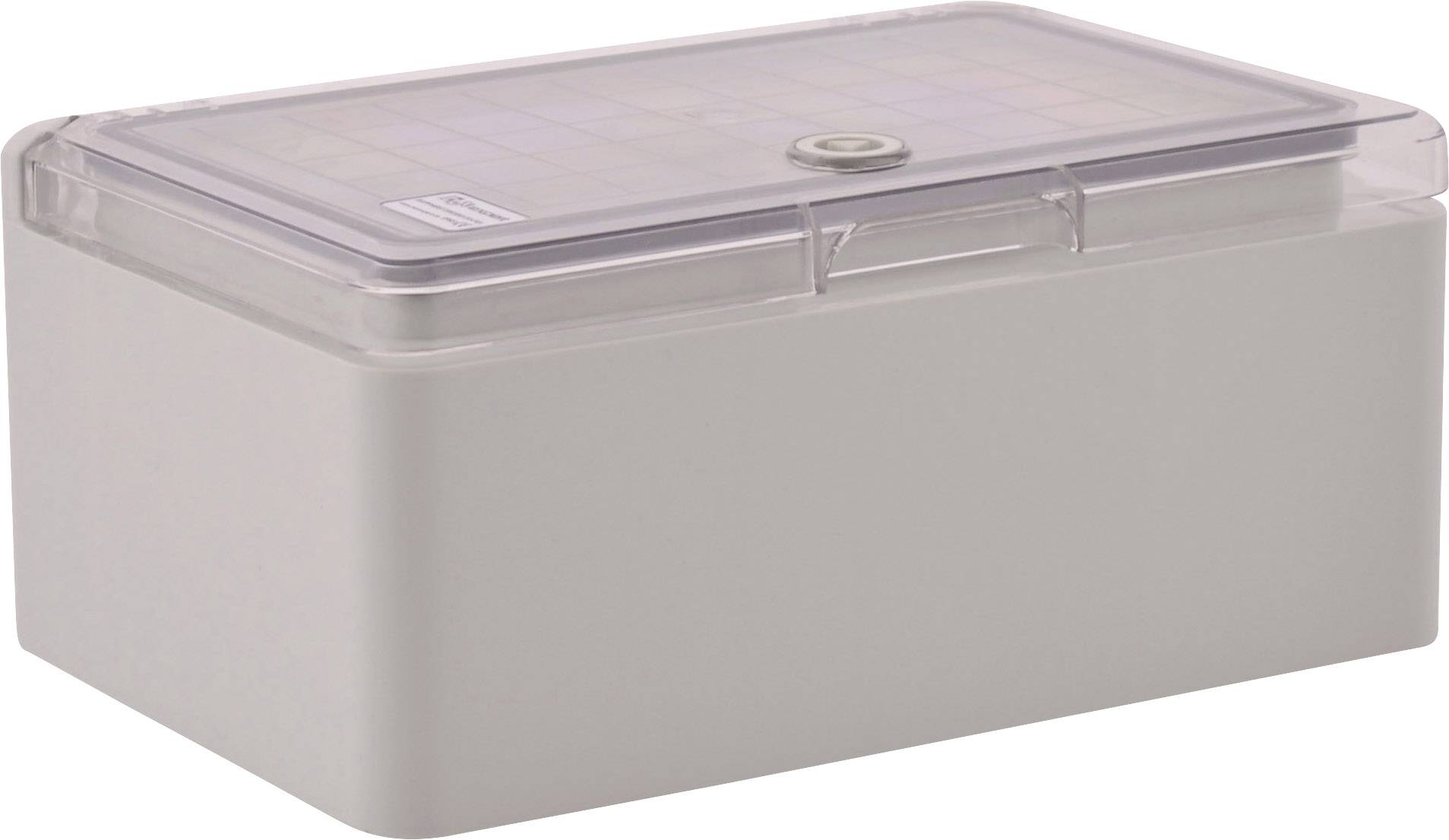Une boîte en plastique grise avec un couvercle transparent et un fermoir à clip. Adaptée au rangement sécurisé de petits objets.