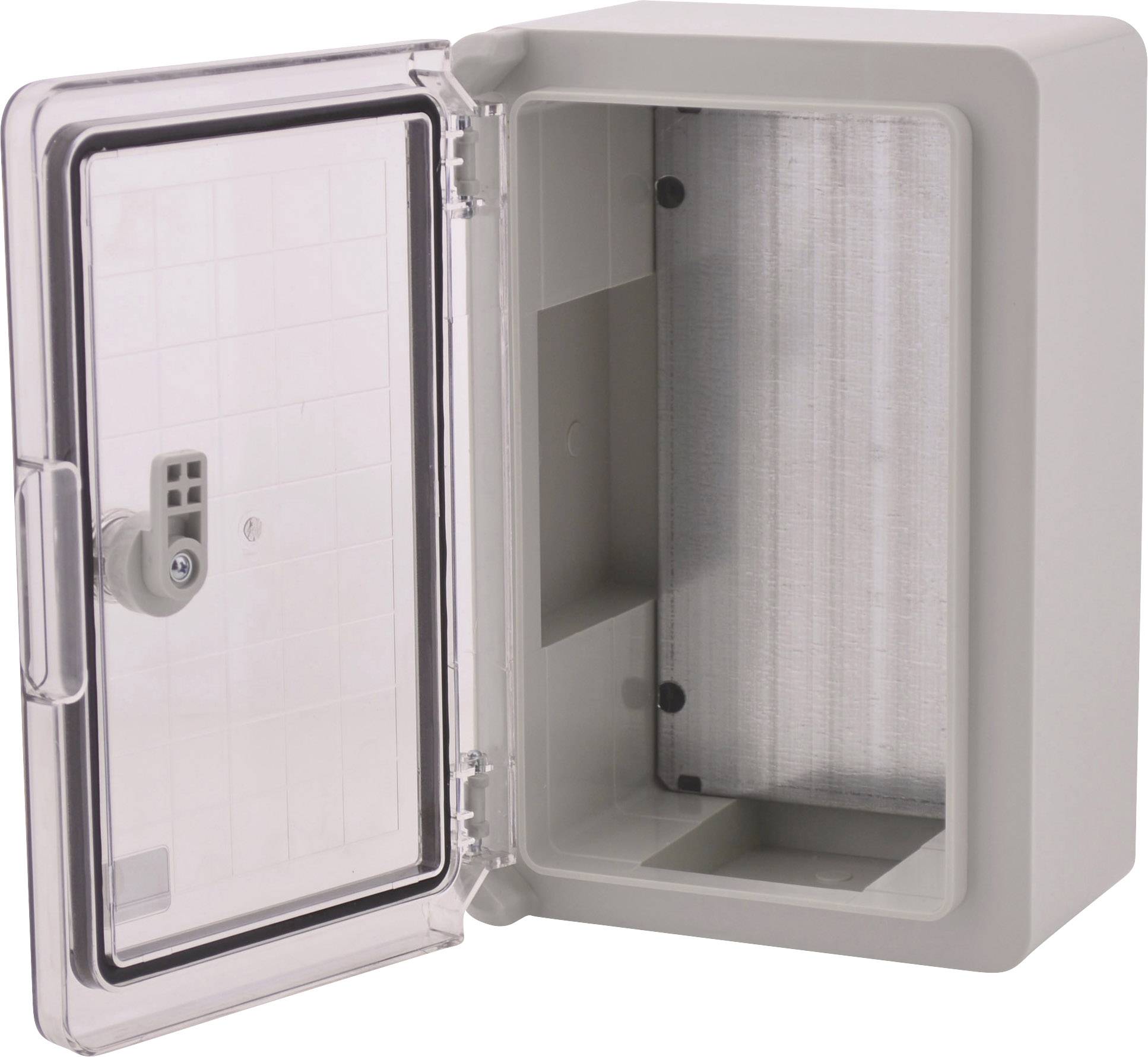 Boîte en plastique gris transparent avec porte ouverte et serrure, adaptée pour la protection électronique ou les installations.