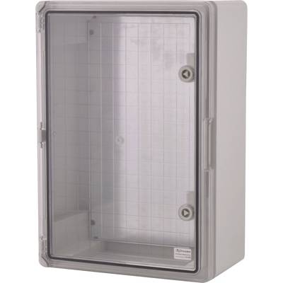 Boîtier électrique gris avec couvercle avant transparent, deux mécanismes de fermeture. Adapté pour la protection des composants électroniques.