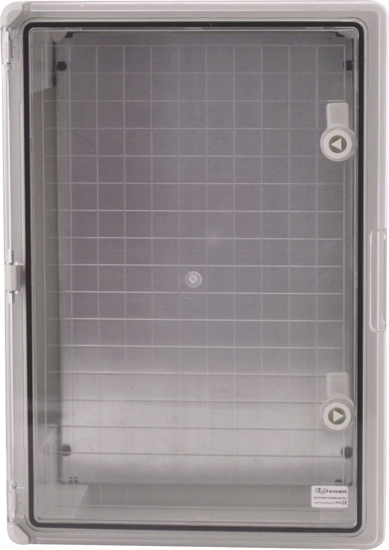 Un boîte en plastique transparent avec un motif quadrillé, se fermant à l'aide de deux boutons tournants, destinée au rangement d'objets.