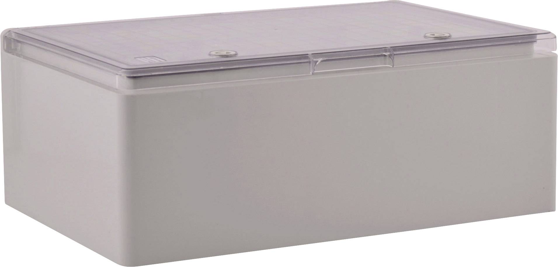 Boîte en plastique grise avec un couvercle transparent à deux charnières. La boîte est destinée au rangement ou à l'organisation d'objets.