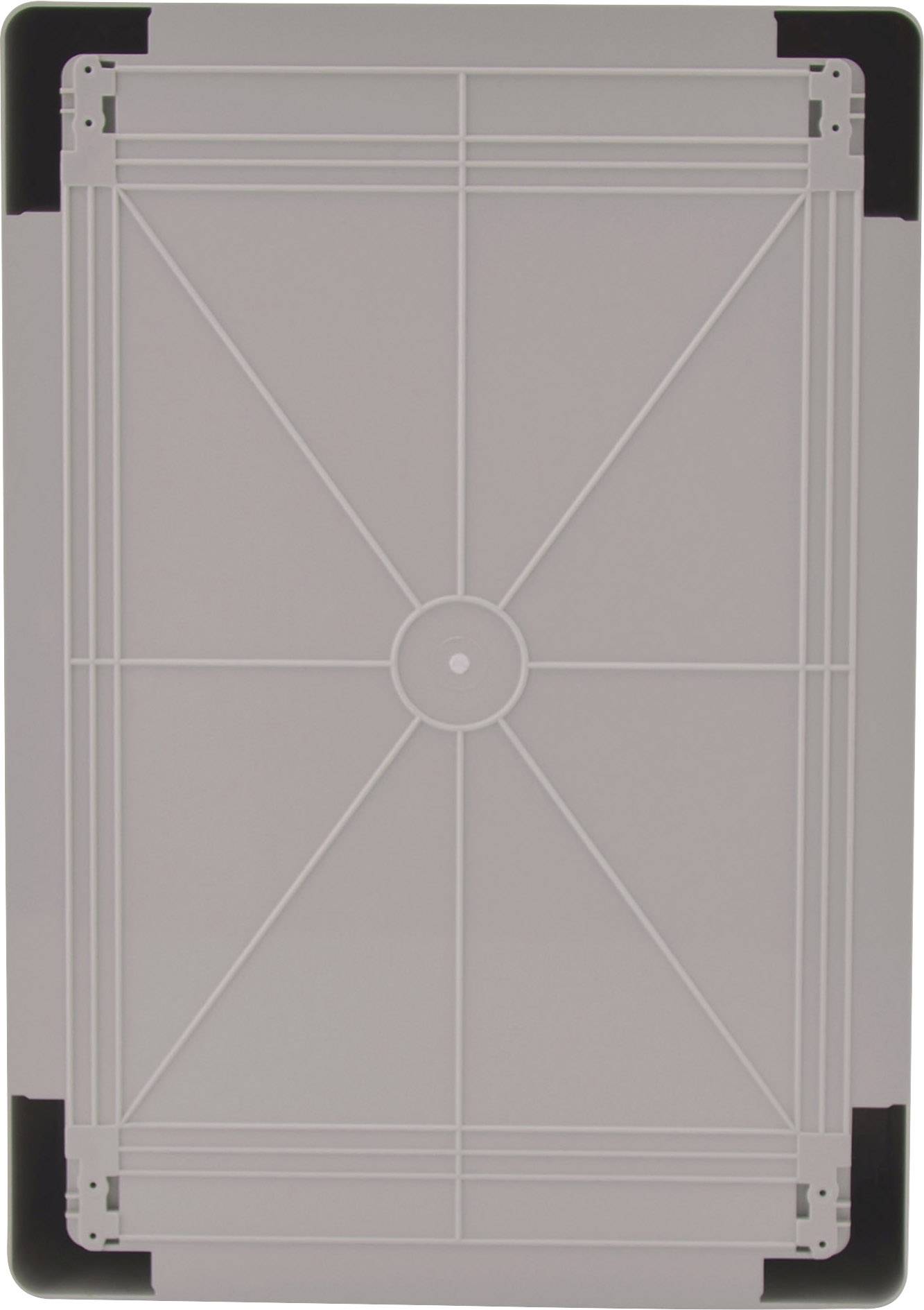 Plaque en plastique grise avec cadre noir et motif en grille.