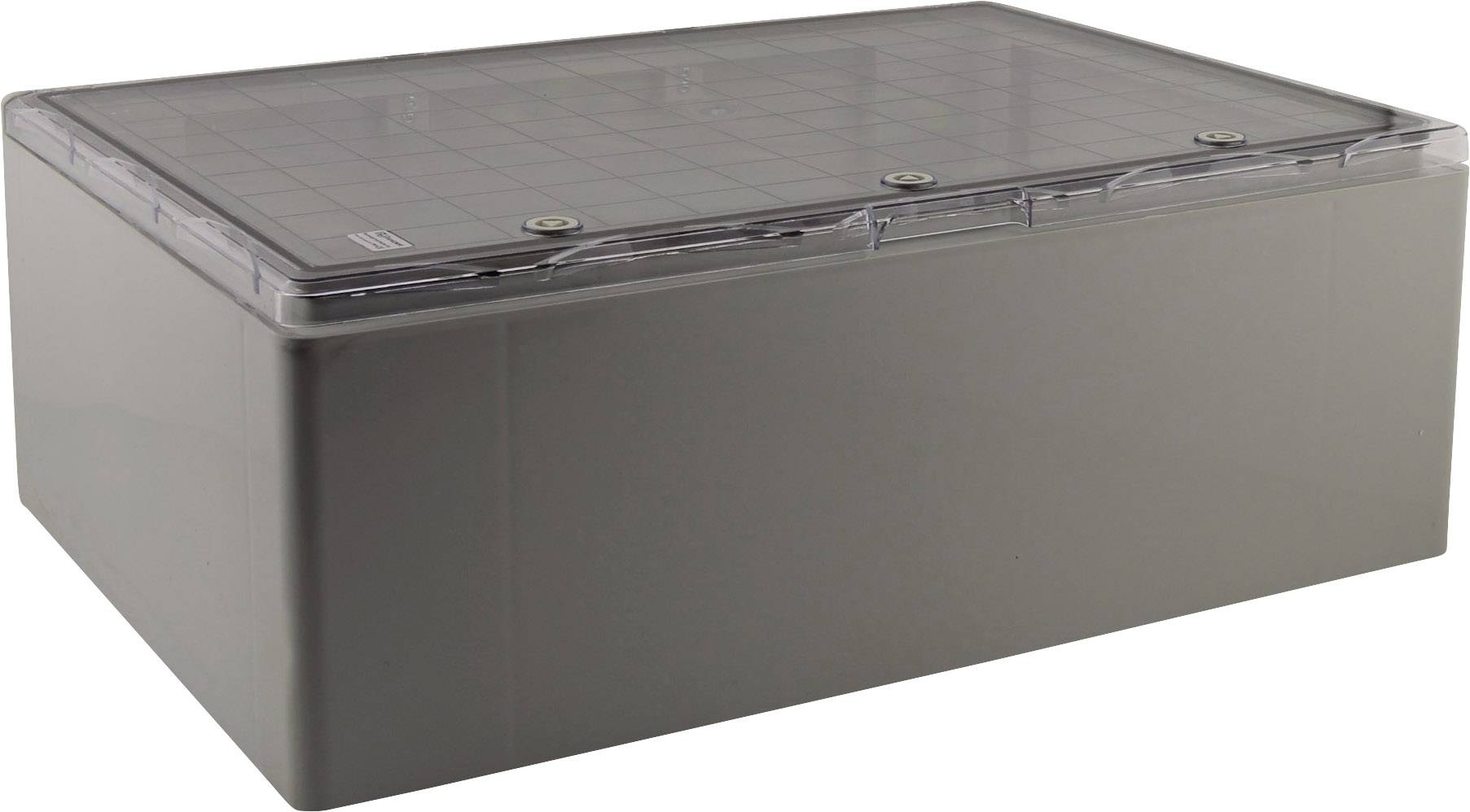 Boîte en plastique grise de grande taille avec un couvercle transparent et vissable. Adaptée au rangement ou à la protection d'objets.