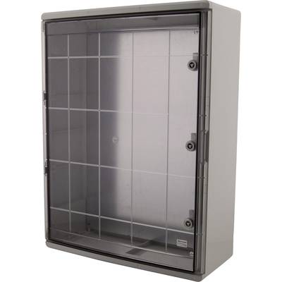 Armoire en plastique transparent avec un cadre gris et plusieurs supports à l'intérieur. Adaptée au rangement sécurisé.