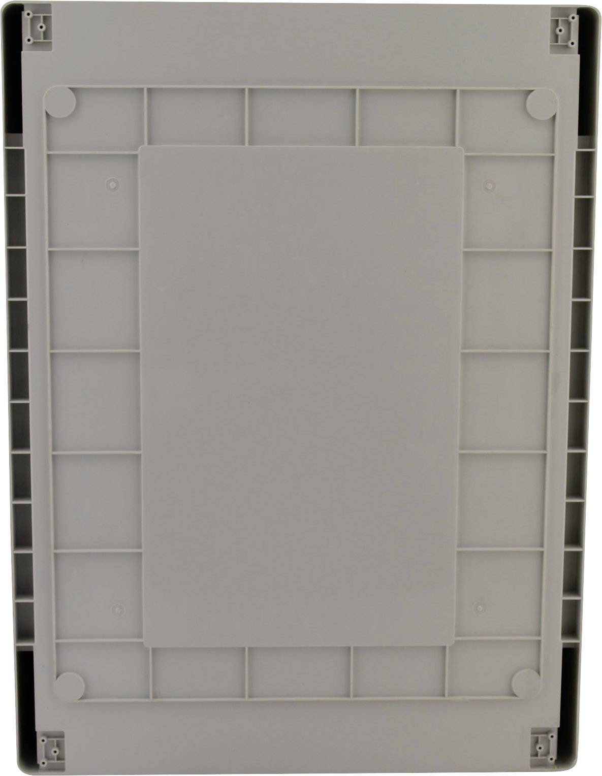 Plaque en plastique grise, rectangulaire, avec une structure quadrillée et des lignes droites.