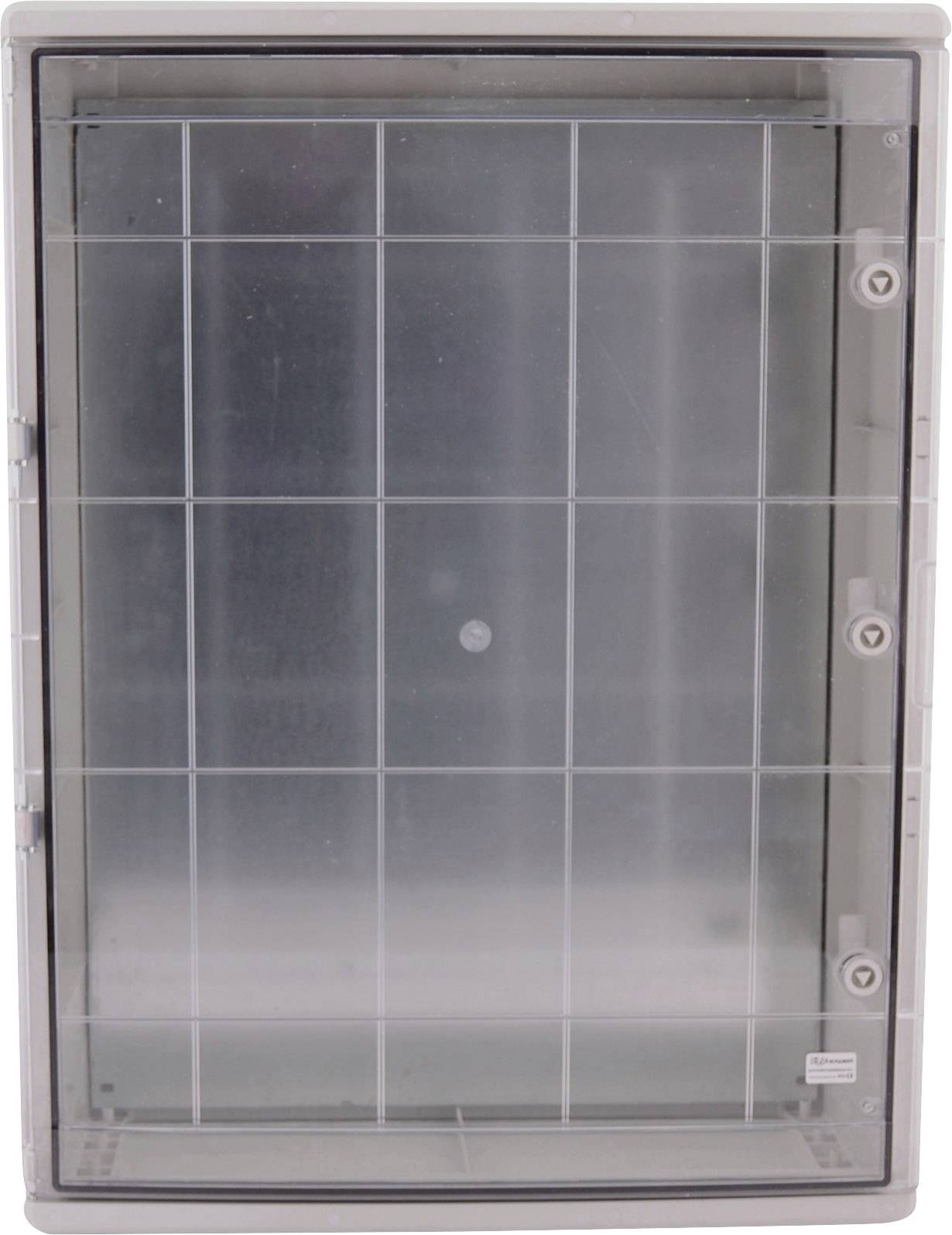 Une vitrine vide en plastique gris avec façade en verre et trois charnières, probablement destinée à la présentation ou au rangement d'objets.