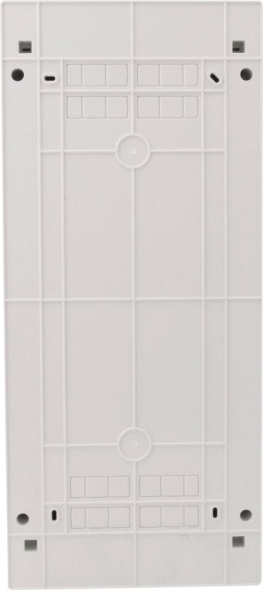 Boîtier d'un appareil électronique avec des découpes rectangulaires et des points de fixation, conçu pour un montage mural.