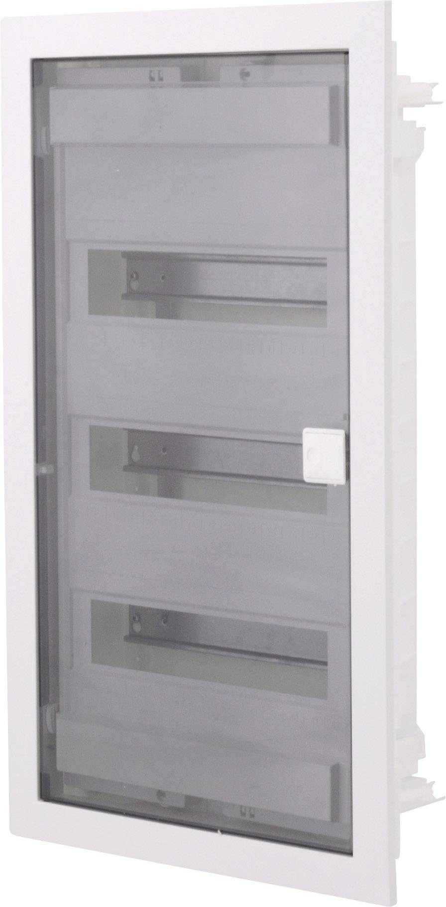 Boîtier de distribution blanc avec porte transparente, espace intérieur ouvert pour circuits électriques. Conçu pour un montage vertical.