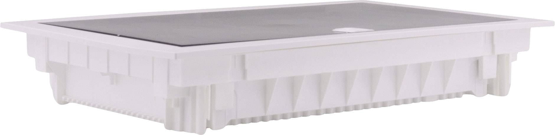 Boîte blanche rectangulaire avec un couvercle noir, probablement un appareil technique ou un composant, posée sur une surface blanche.