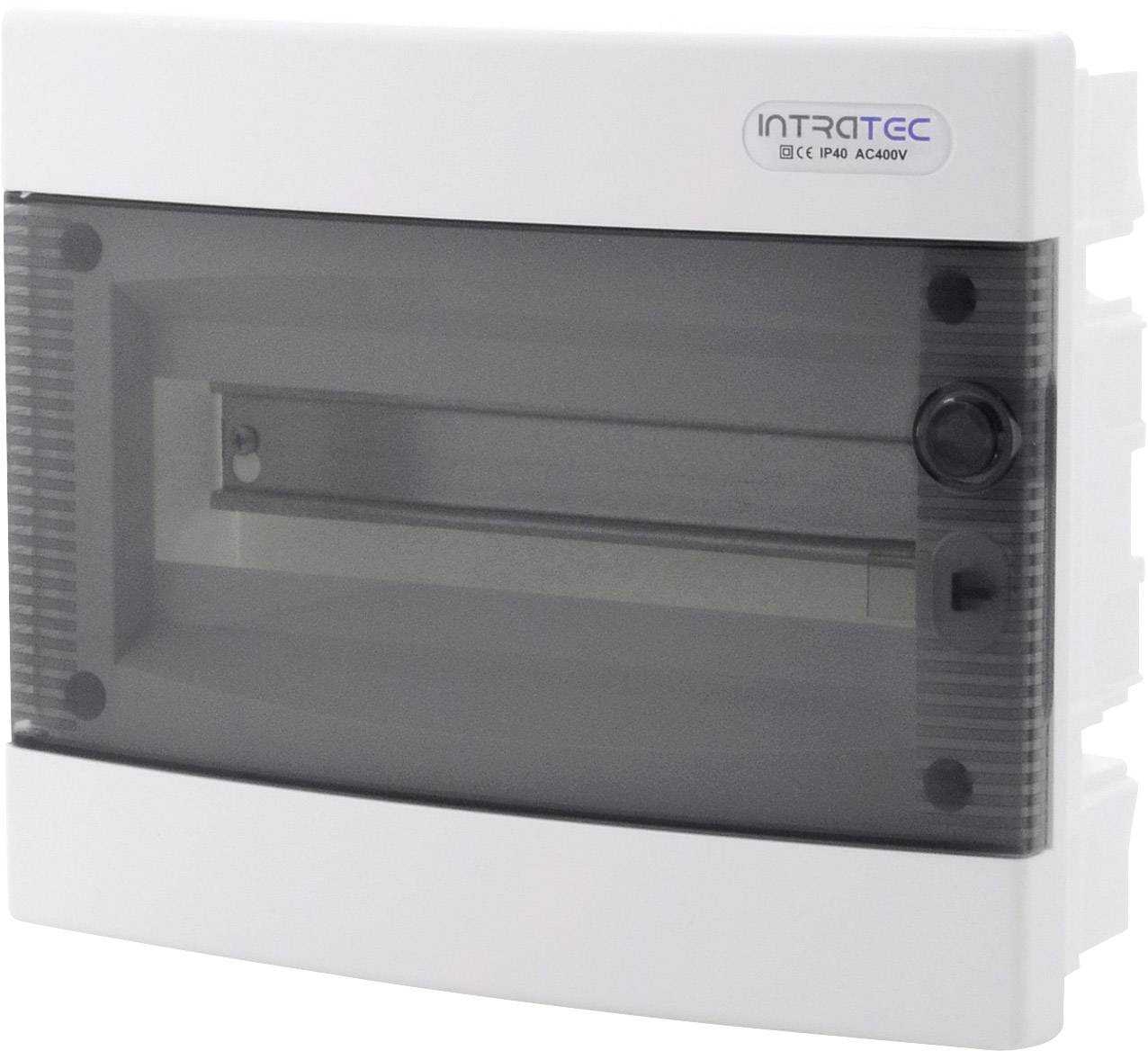 Un boîtier de distribution électrique blanc avec un couvercle transparent, adapté aux installations intérieures.