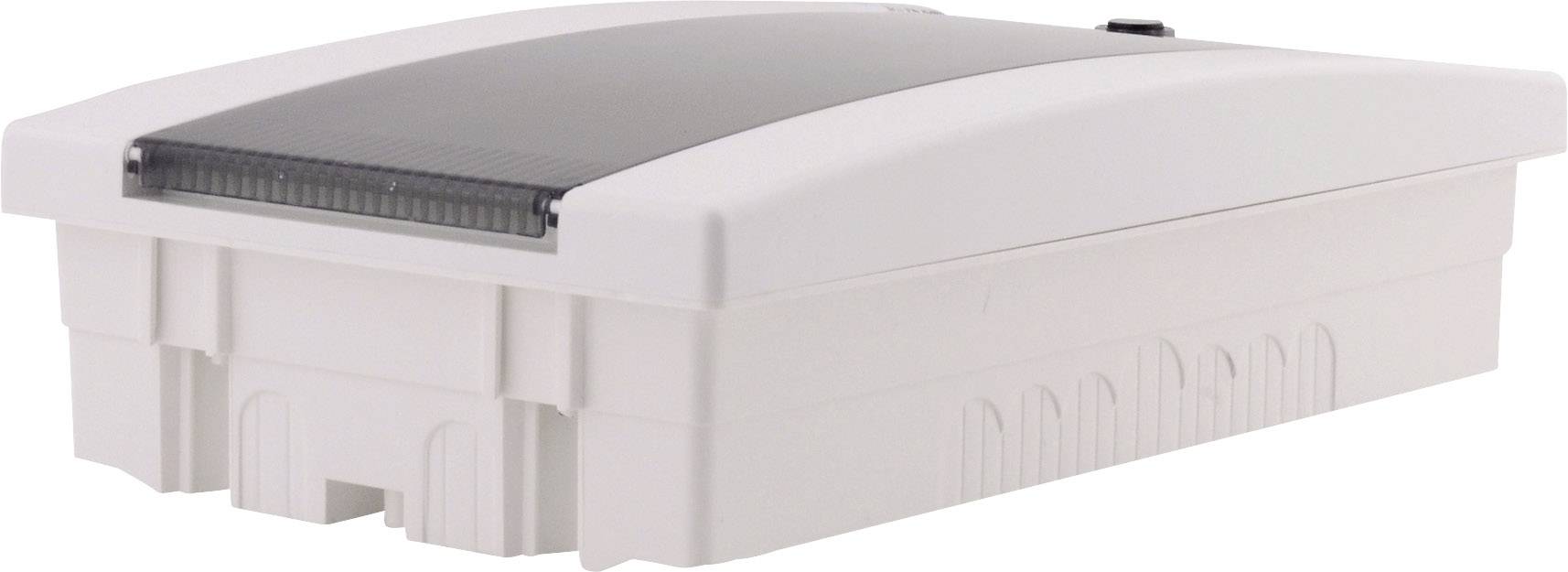 Boîte de distribution électrique blanche avec couvercle arrondi et section transparente, adaptée pour une installation murale en intérieur.