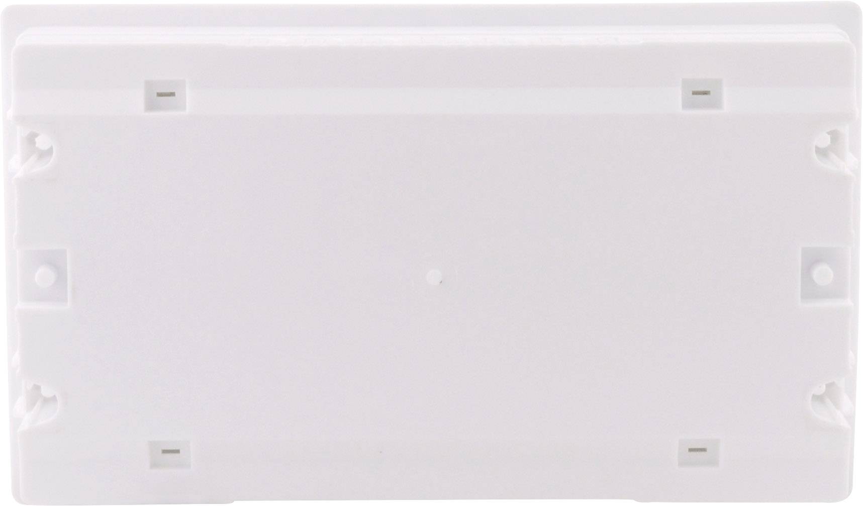 Couvercle rectangulaire blanc en plastique comportant plusieurs trous de vis et découpes, probablement destiné à protéger des connexions électriques.