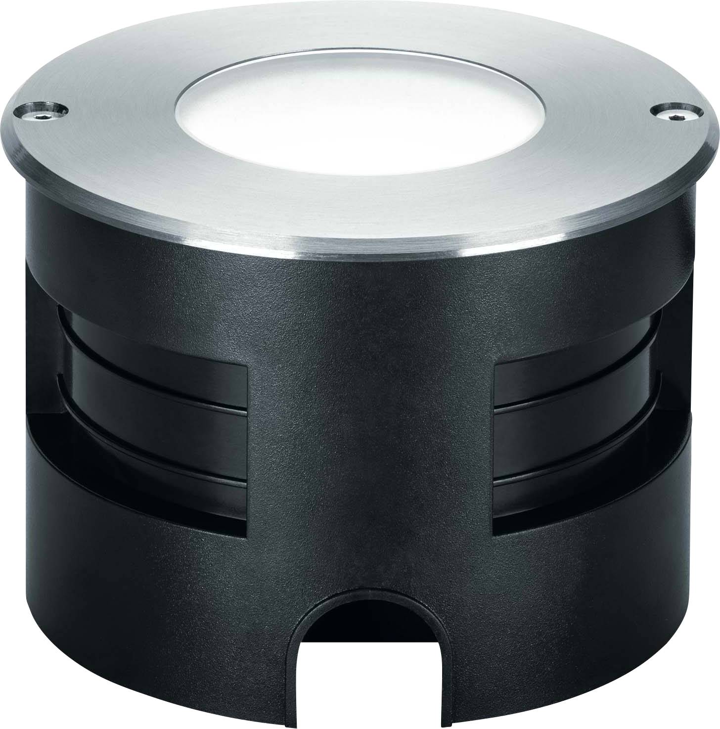 Un projecteur au sol rond noir avec une bordure argentée, adapté aux installations extérieures ou à l'éclairage décoratif.