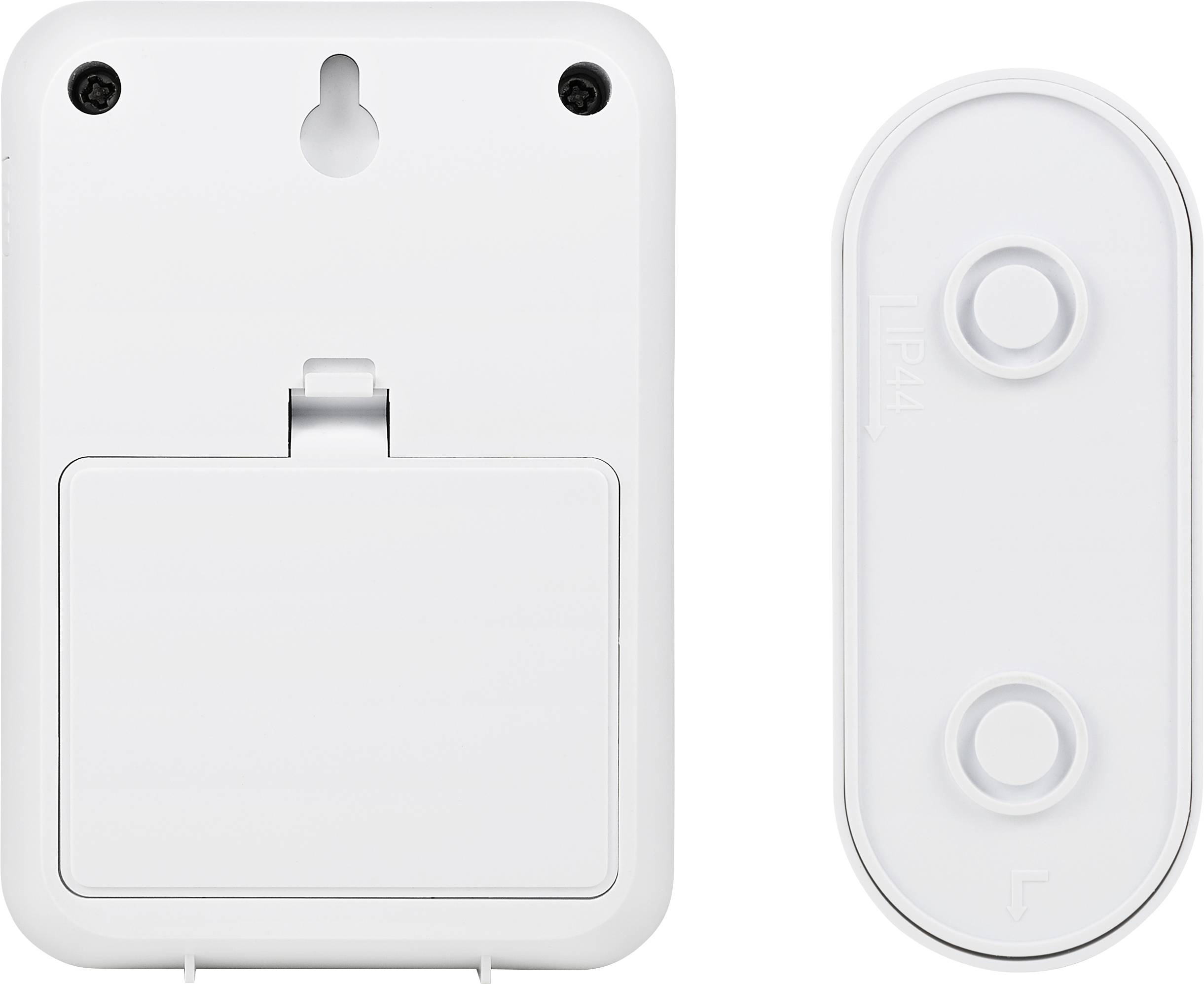 Le dos d'un appareil électronique rectangulaire blanc avec un couvercle amovible à côté, deux trous de vis sont visibles.