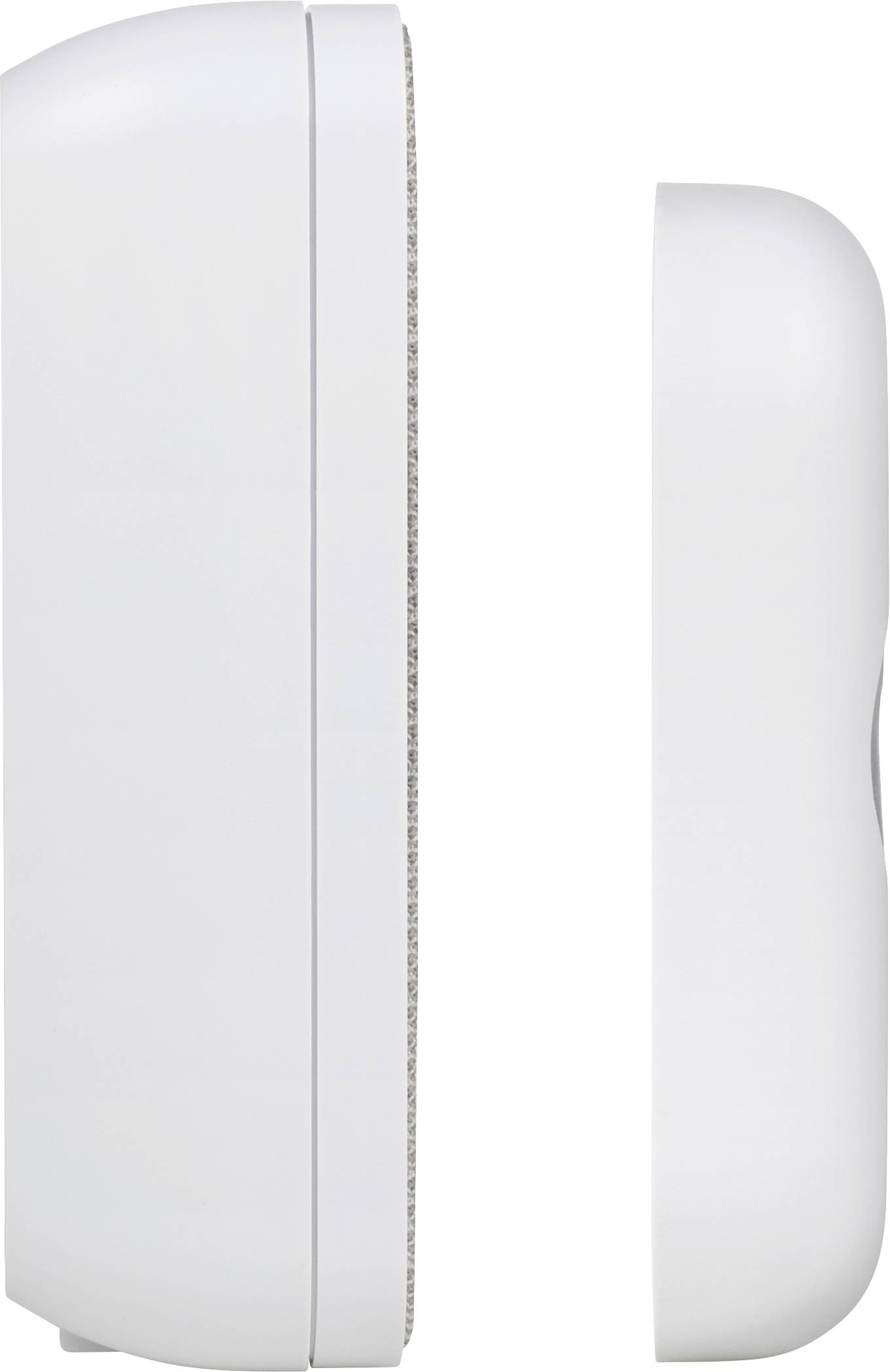 Deux appareils électroniques blancs vus de côté ; à gauche un plus grand aux bords doucement arrondis, à droite un plus petit et plus étroit.