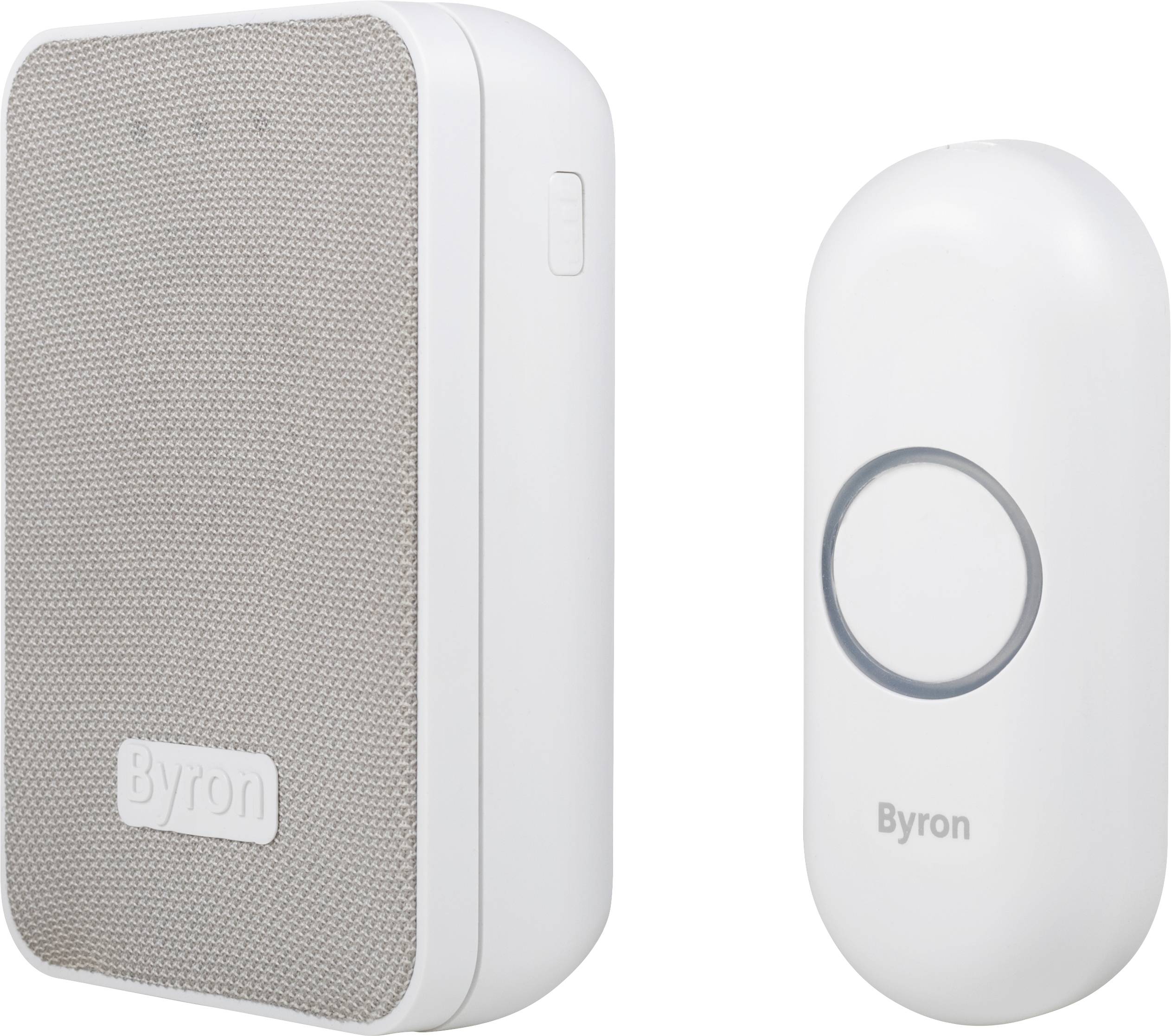 Sonnette sans fil avec bouton d'appel ovale et haut-parleur rectangulaire. Les deux appareils sont blancs, avec un accent gris.