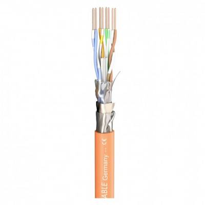 Un câble réseau multibrins, coloré, partiellement blindé et partiellement à nu, avec une gaine orange et une inscription.