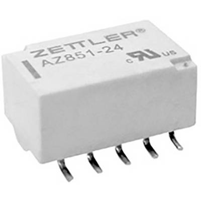 Un relais blanc de Zettler portant l'inscription 'AZ851-24' avec plusieurs broches métalliques sur sa face inférieure, utilisé dans des circuits électroniques.