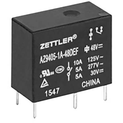 Un relais électronique noir portant l'inscription 'Zettler AZ9405-1A-48DEF'. Il affiche des détails de tension et de courant pour des applications électriques.