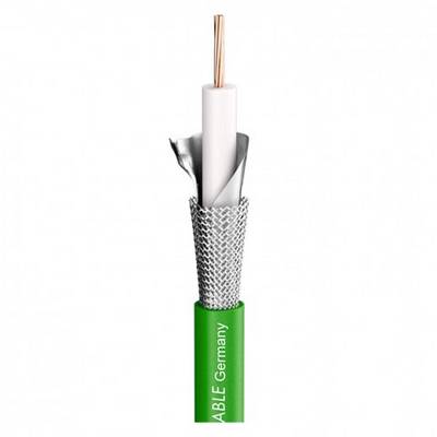 Câble coaxial en fil de cuivre, avec isolation blanche, blindage argenté et gaine verte, étiqueté 'CABLE Germany'.